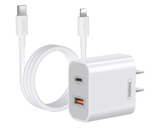 REMAX Strujni Fast punjač 1xUSB3.0+1xTIP C 20W RP-U68 +kabl TipC na iPhone 1m, beli 