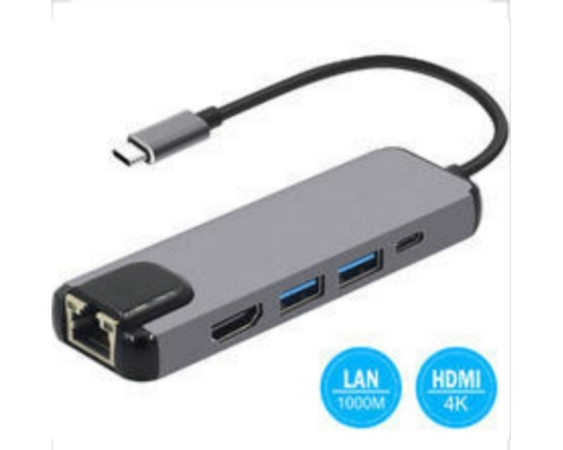 FAST ASIA  Adapter-konvertor TIP-C na HDMI + 2xUSB 3.0 + TIP C + RJ45 