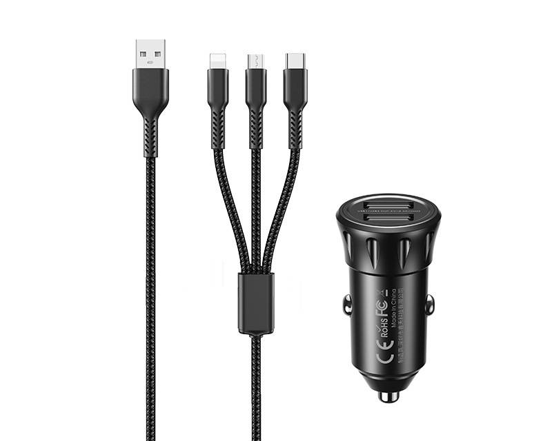 Auto punjač 2.4A 2xUSB+ kabl 3 u 1 RCC236, crni 