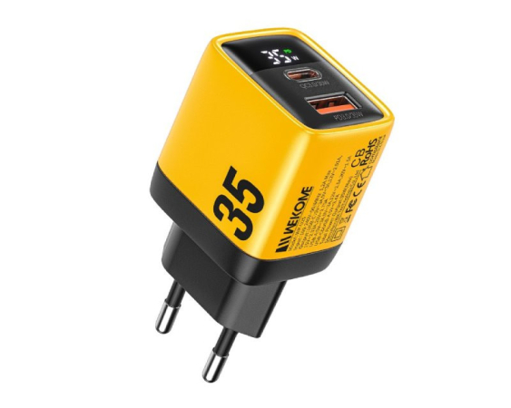 WEKOME  WP-U25 Super brzi Strujni GaN Punjač, 2-porta USB (3.0 i 3.1 Tip-C) 35W, sa displejom, žuti 