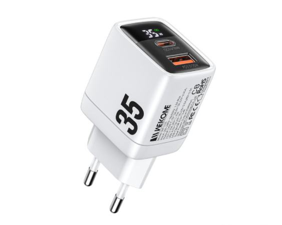 WEKOME  WP-U25 Super brzi Strujni GaN Punjač, 2-porta USB (3.0 i 3.1 Tip-C) 35W, sa displejom, beli 