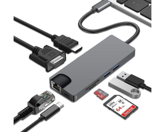 E-GREEN Adapter USB 3.1 Tip C (M) - HDMI+VGA+2X 3.0 USB + tip C + SD (F) + RJ45