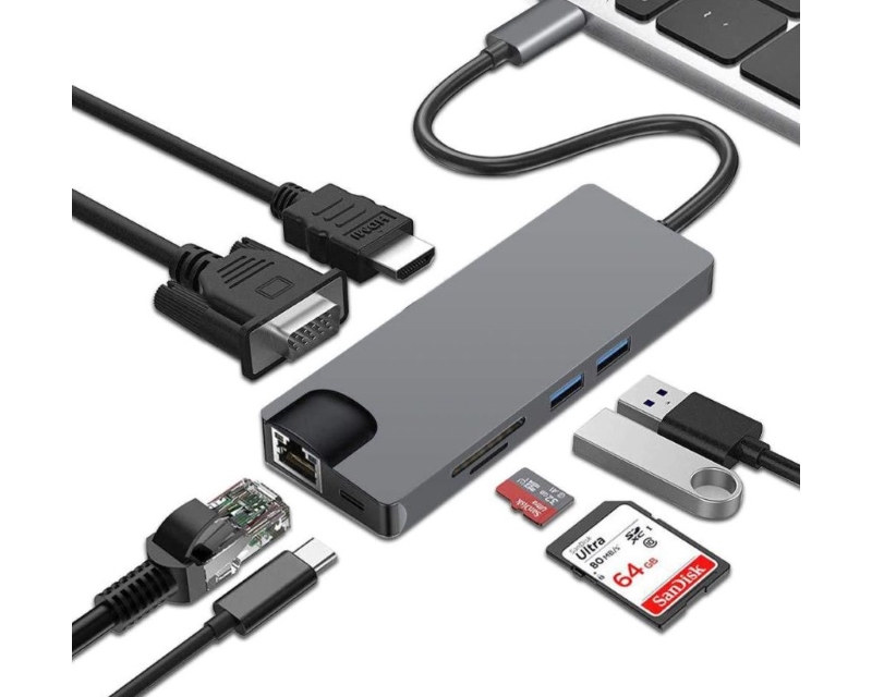 Adapter USB 3.1 Tip C (M) - HDMI+VGA+2X 3.0 USB + tip C + SD (F) + RJ45 