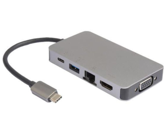 E-GREEN Adapter USB 3.1 tip C (M) - HDMI + VGA + 2xUSB 3.0 + RJ45 + tip C (F) beli