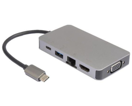 E-GREEN  Adapter USB 3.1 tip C (M) - HDMI + VGA + 2xUSB 3.0 + RJ45 + tip C (F) beli 