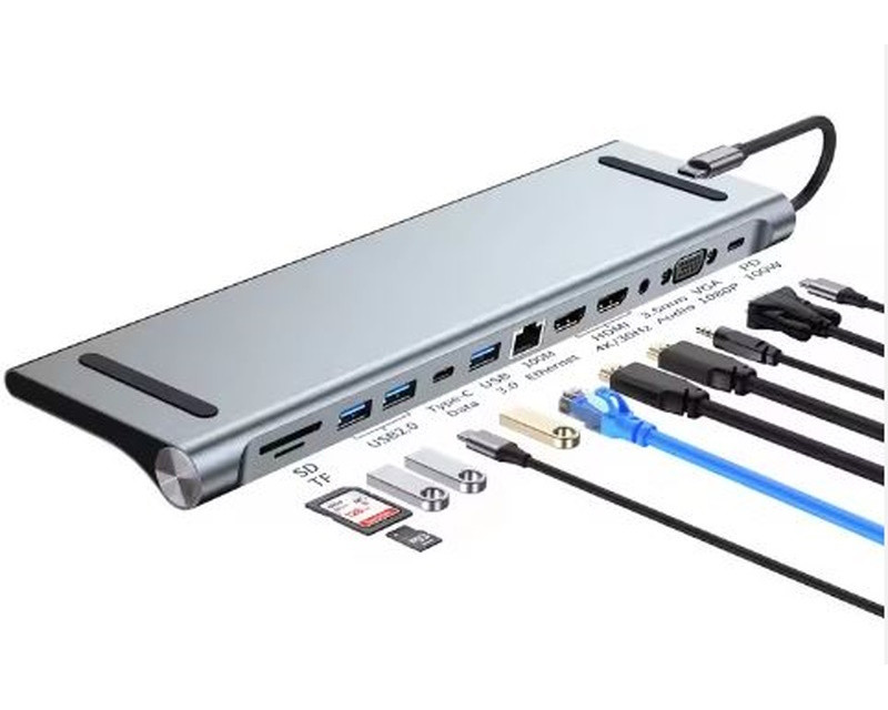 Adapter USB 3.1 tip C (M) - 2 x HDMI + VGA + 3 x USB 3.0 + 2 x tip C + RJ45 (F) + SD/TF + PD 100W (12 u 1)